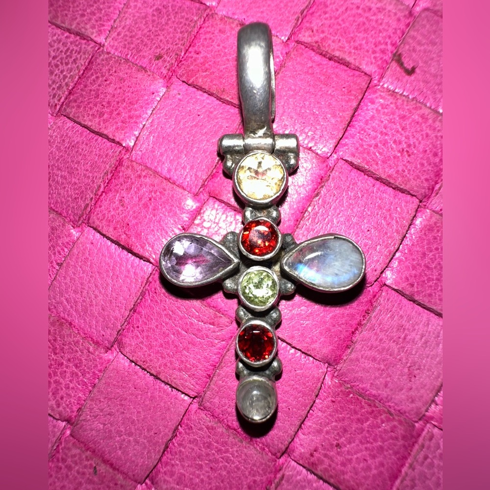 Vintage Multi Gemstone Cross Pendant